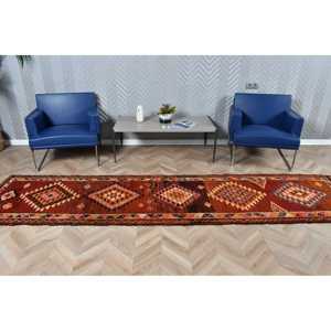 2.7x11.4 ft Vintage <b>Runner</b> Rug, <b>Red</b> Orange Turkish Camouflage Wool Rug - Product Image 3
