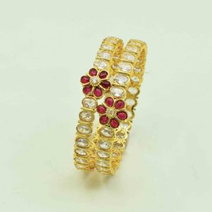 Brazaletes de piedra AD Kempu chapados en oro antiguo Diseño floral tradicional Brazaletes antiguos Joyería de moda al por mayor hecha de latón - Product Image 1