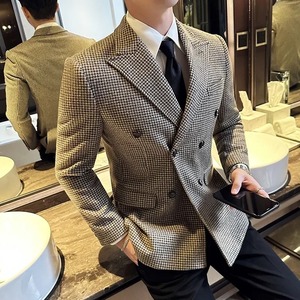 2025 New British Men's Houndstooth Slim Fit Blazer Double Breasted Woolen <b>Suit</b> <b>Jacket</b> for Formal Business/ Wedding Dress Flat - Product Image 2
