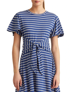 Vestido de Verano de Algodón Azul, Estilo Casual, con Rayas, Manga Corta, Largo a Media Pantorrilla, con Lazo Delantero, Talla Grande, Corte en A - Product Image 2