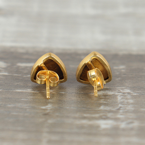 Tiger Eye Triangular Stud <b>Earrings</b> With Gold Tone Push Back Closure | Glossy Geometric Minimal Jewelry For <b>Women</b> - Product Image 4