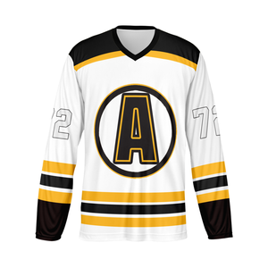 Maillot de hockey blanc, noir et jaune, personnalisé, sublimé, grand logo, uniforme d'équipe, col en V, manches longues, nom et numéro de joueur personnalisés - Product Image 1