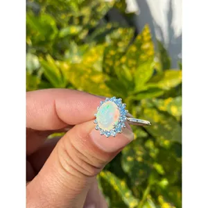 925 <b>Silver</b> Natural Opal & Blue Topaz <b>Statement</b> <b>Ring</b> with Oval Cut Gemstone Geometric Pattern IGI Certified Everyday Wear - Product Image 4