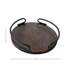 Bandeja redonda de metal negro con base de madera, perfecta para exhibir jarrones, mesa de comedor elegante para servir y decoración del hogar, uso de la India - Product Image 5