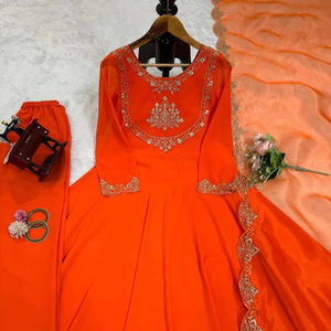 <b>Indian</b> Designer Wear Best Quality Faux Georgette Heavy Thread Embroidered and Cut Work <b>Top</b> and Pant With Lace Border Dupatta - Product Image 1