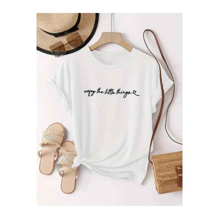 Women's Short Sleeve Basic Jersey T-shirt with Text Printed on the Front