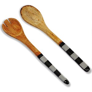 Serveurs à salade en bois de mangue et émail blanc Ensemble de serveurs à salade faits à la main Produit en bois pour la cuisine à domicile - Product Image 3