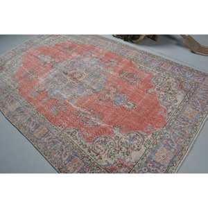 Alfombra turca vintage clásica de 5x8,5 pies, diseño de retazos rojo y azul, Material de lana con respaldo de látex para pasillo, rectángulo, área grande - Product Image 4