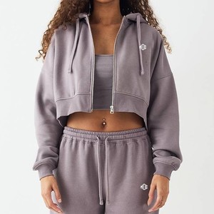 Conjunto de Sudadera Corta con Capucha y Cremallera de Felpa Premium y Pantalones Deportivos de Pierna Ancha, Chándal para Mujer con Logotipo Personalizado para Producción al por Mayor OEM ODM - Product Image 1