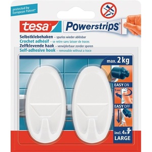 Deko Powerstrips Grands crochets muraux 2 crochets/4 bandes TESA ovales blancs en plastique détachable 70x37mm Porte-manteau - Product Image 1