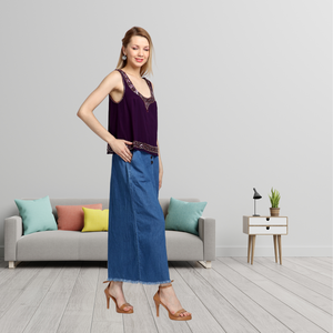 Diseñador bordado a mano Vintage púrpura Georgette Top espejo trabajo Casual azul Denim Palazzo pantalones elegante fiesta verano desgaste - Product Image 5