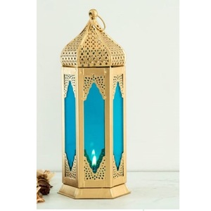 Royal Looking Handcrafted Designer <b>Large</b> Size <b>Candle</b> Holder Lantern With Shiny Blue Glass For Luxurious Café Bars And Study Room - Product Image 1