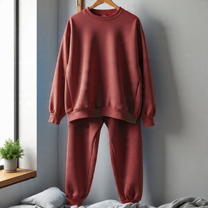 Survêtement unisexe bleu uni, col rond, manches longues, coupe ample, décontracté, pour l'automne, 100% coton, poids moyen, taille élastique - Product Image 5