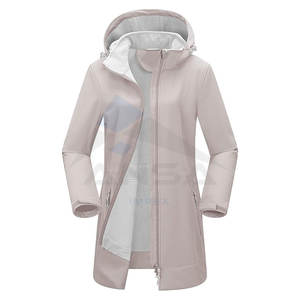 <b>Women</b> Long Softshell <b>Raincoat</b> Fleece Lined Windproof Insulated Jacket <b>with</b> Detachable <b>Hood</b> khakhi - Product Image 1