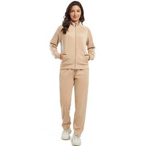 Women Beige Color Blocking Tracksuit Set Full Length <b>Zipper</b> <b>Sweatshirt</b> Matching Jogger Trackstar OEM Private Label - Product Image 3