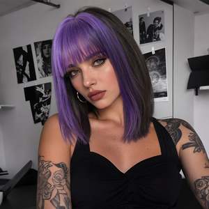 DWY Purple and Grey Short Straight <b>Bob</b> <b>Wig</b> Lace Front Synthetic High Temperature Fiber Natural and Stylish" - Product Image 1