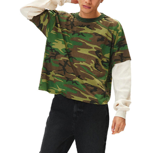 T-shirt à manches longues 100% coton camouflage pour homme avec logo personnalisé conception Boxy Fit double couche lâche décontracté maillot teint en couleur unie impression vierge - Product Image 6