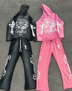 High Quality Distressed <b>Applique</b> Embroidery 500GSM Cotton Pullover Hoodie and Sweatpants Set Custom Luxury Tracksuits for Men - Product Image 5