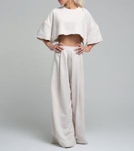 Women's Summer Casual Solid Breathable 2 Piece Set Regular Fit Cropped <b>Short</b>-<b>sleeved</b> T-shirt Wide-leg Pants Custom Logo - Product Image 5