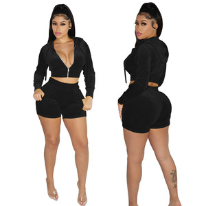 2024 Velvet Custom Logo Casual Sporting Two-Piece <b>Women's</b> Sweatsuit Hoodies Crop Track Pants Solid Matched 100% Cotton <b>Short</b> - Product Image 6