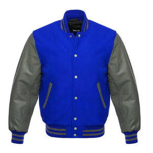 Veste classique pour homme en laine bleue avec manches en cuir gris, style Letterman, manches longues. - Product Image 1