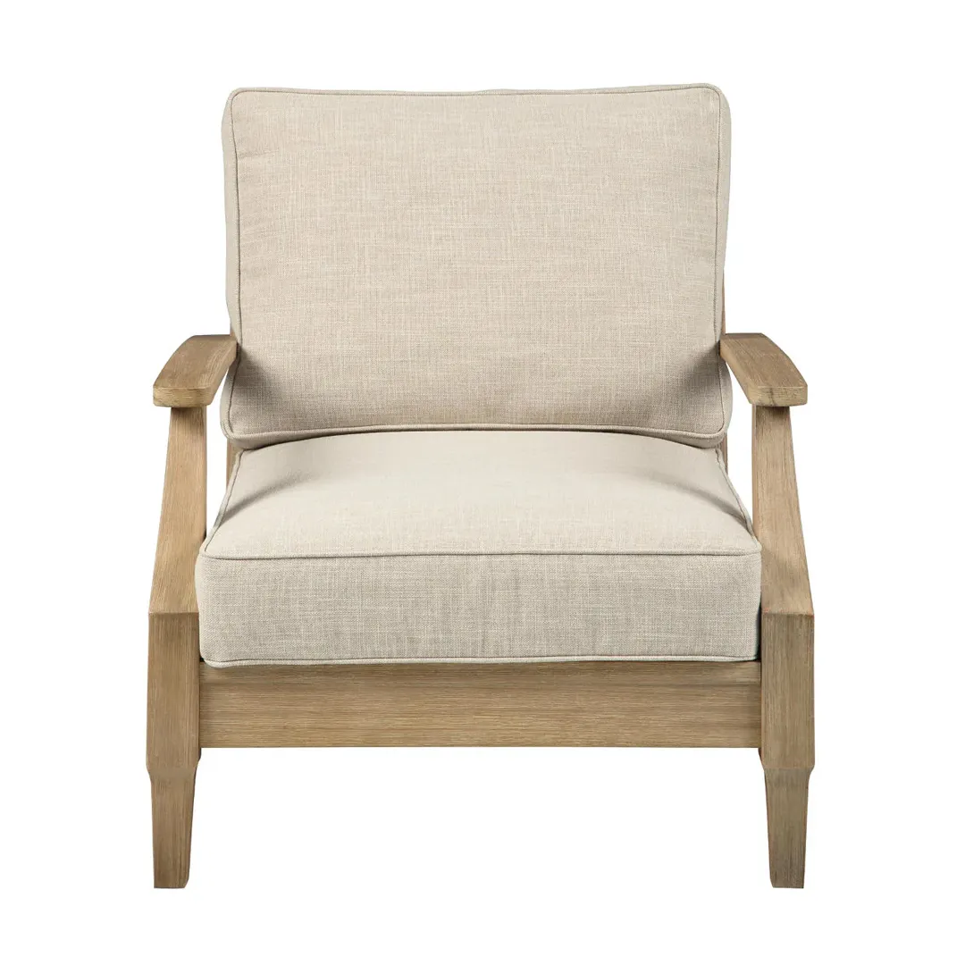 Élégant fauteuil en bois massif de teck de patio extérieur avec finition en bois naturel enveloppée de coussin en tissu doux