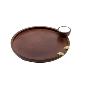 Bandeja para servir comida de color marrón oscuro de calidad de lujo hecha de madera Bandeja para servir comida de forma redonda para proveedores mayoristas - Product Image 1