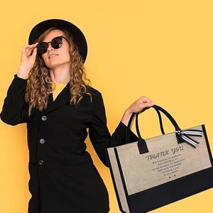 Myorganicbag กระเป๋าโท้ทปอกระเจาทำด้วยมือแบบเปิดด้านบนมีสองสายสีน้ำตาลและสีดำ 'ขอบคุณ' ตกแต่งตัวอักษร - Product Image 5