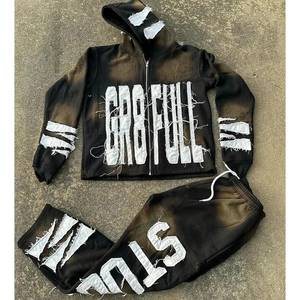 Ensembles de survêtements brodés avec écusson personnalisé en détresse Joggers empilés en coton polaire Pantalon de survêtement évasé et sweat à capuche Streetwear pour hommes - Product Image 2