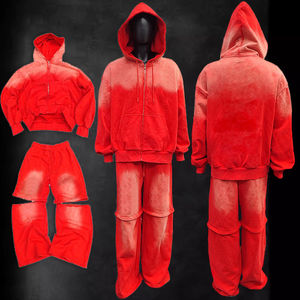 Chándales de lana de algodón 100% de 465gsm para hombres, pantalones acampanados con lavado ácido, traje de sudor desteñido por el sol, sudaderas con capucha boxy con cremallera, suéteres para correr - Product Image 2