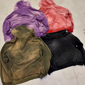 Poids lourd 500gsm 100% coton surdimensionné soleil délavé à l'acide sweat à capuche avec fermeture éclair rivet strass Logo thermique personnalisé pour l'hiver - Product Image 3