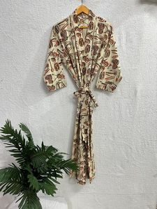 ชุดคลุมยาวถึงพื้นสำหรับผู้หญิงทำจากผ้าฝ้ายทำมือชุดนอนพิมพ์ลายชุดกิโมโนสำหรับฤดูร้อนซักได้ชุดเพื่อนเจ้าสาวแบบลำลอง - Product Image 4