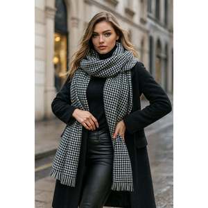 Women's Black Houndstooth Pattern Scarf - Shawl 70x180 Cm Sal1220 - Black1 - Product Image 6