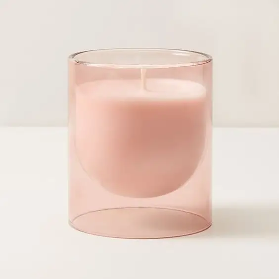 Modern Luxury Glass Candle Container With Handle Empty pink Color Shade Jars Vessel With Custom Logo And Custom Packaging
