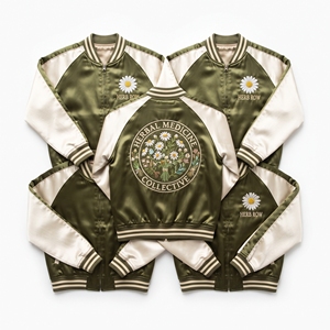 Custom Satin Bomber Jacket Maker Olive Ivory Chamomile Embroidered Varsity <b>Coat</b> Front Zip Outerwear Direct Factory - Product Image 1