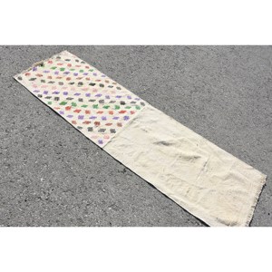 Alfombra étnica de lana blanca, Alfombra de pasillo rectangular turca de 2x6, 7 pies, decoración para sala de estar con diseño de retazos y respaldo de látex - Product Image 2