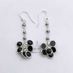 Black Onyx <b>Earrings</b> with Grey Pearl <b>Dangle</b>, Handmade 925 <b>Sterling</b> <b>Silver</b> - Product Image 5
