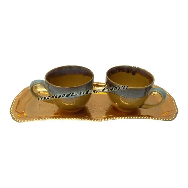 Top Seller Luxury Fashion Ceramic Coffee Tea Cup With Gold Plated Metal Tray For Home Restaurant And Gifting