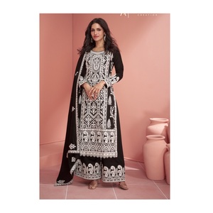 Salwar Kameez Palazzo Suit avec Heavy Faux Georgette Coton Broderie Séquence Travail Costume de Mariage pour Femmes - Product Image 1
