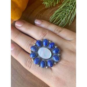Navajo Sterling Silver Cluster <b>Ring</b> with <b>Lapis</b> and Mother of Pearl Size 10.5 - Product Image 2