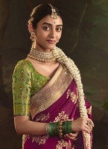 Crêpe de soie pure de créateur avec tissage Zari lourd et Tussles sur Pallu, mariage de style traditionnel, vêtements pour femmes de haute qualité - Product Image 2