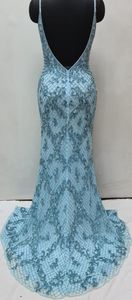 เดรสทรงนางเงือกสีฟ้าสุดหรูเปิดหลังมีไข่มุกปักลายด้านข้างคอปาดป้องกันไฟฟ้าสถิตย์สำหรับค็อกเทล - Product Image 3