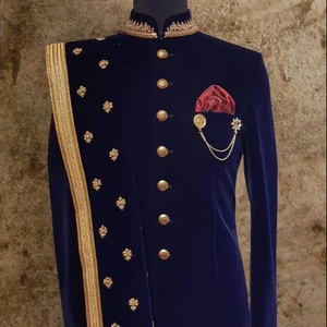 2024 elegante azul real Sherwani de talla grande pantalones transpirables trajes para novio nuevo bordado Dabka trabajo cristal Beadsstone - Product Image 1