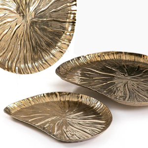Leaf shape aluminum gold polished serving <b>tray</b> set of 3 with artistic cutwork design for modern <b>kitchen</b> setups - Product Image 2
