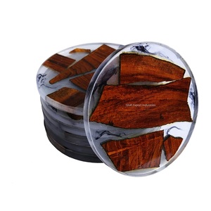 Round Shape Wood and Resin Drink Serving Coasters Tableware Mat & <b>Pads</b> Tea & <b>Coffee</b> Coaster Brown/Green Finished - Product Image 6