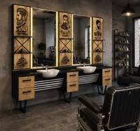 Station de Barbier Moderne de Luxe Commerciale Decorsall pour 3 Personnes, Unité de Coiffure en Bois Noir avec Miroirs Doubles LED, Éviers en Céramique et Rangement