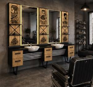 Luxury 3-Person Modern Barber Shop Station Black Wood Styling Unit LED Double <b>Mirrors</b> Ceramic Sinks <b>Storage</b> Cabinets Custom - Product Image 2