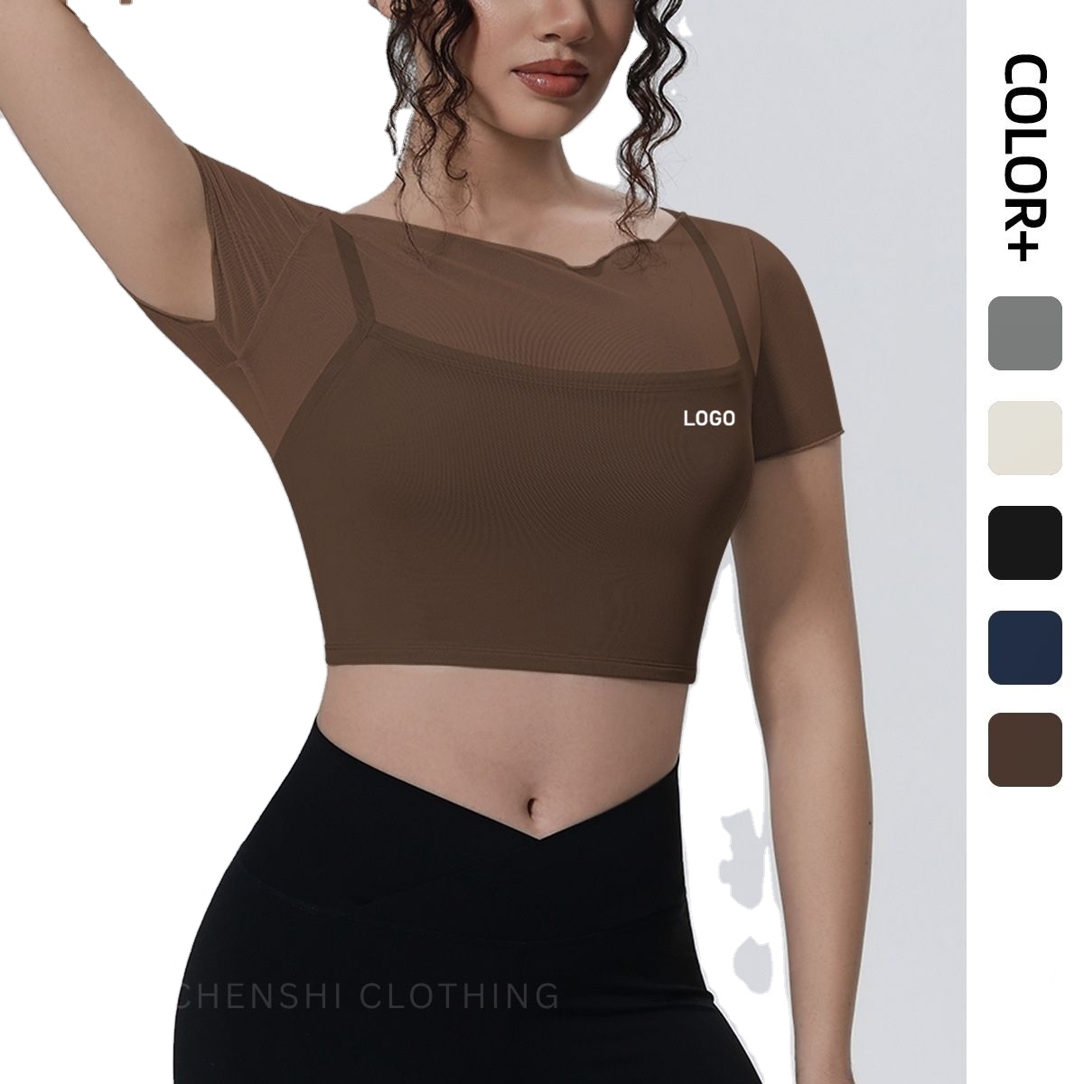 Women Faux Two-Piece Mesh Fitness Top Short Sleeve Built-In Bra Cropped Quick Dry Yoga Sports Shirt