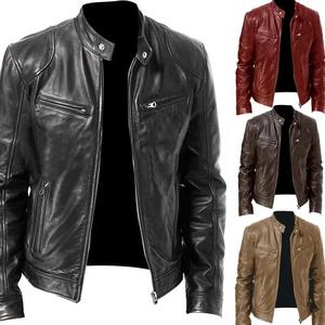 Hombres Otoño Invierno Cálido Cremallera Cárdigan Bolsillo Decorativo PU Chaqueta de cuero Soporte Cuello Delgado Chaqueta de cuero Abrigo - Product Image 1