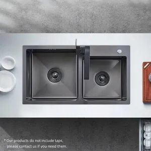 好价格适合大家庭双碗SUS304防锈手工不锈钢水槽黑色厨房水槽